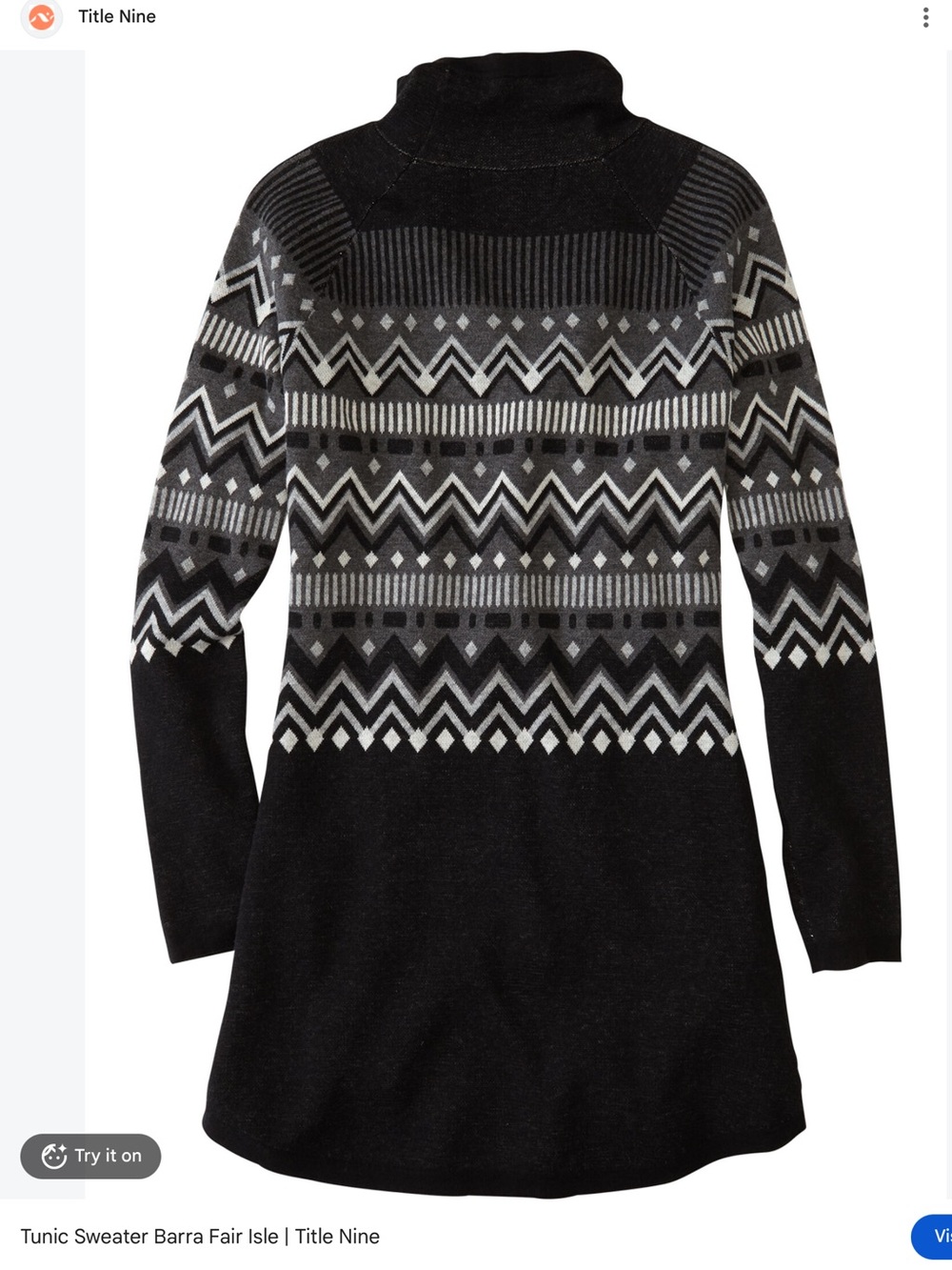 Title Nine Barra Tunic Sweater Fair Isle grey white Geometric Size Large
